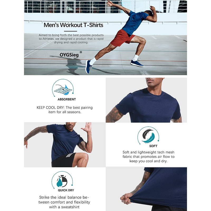 OYGSieg 6 Pack Men's Workout Shirts - Short Sleeve, Moisture Wicking, Quick Dry, Athletic Mesh Tees For Running & Gym